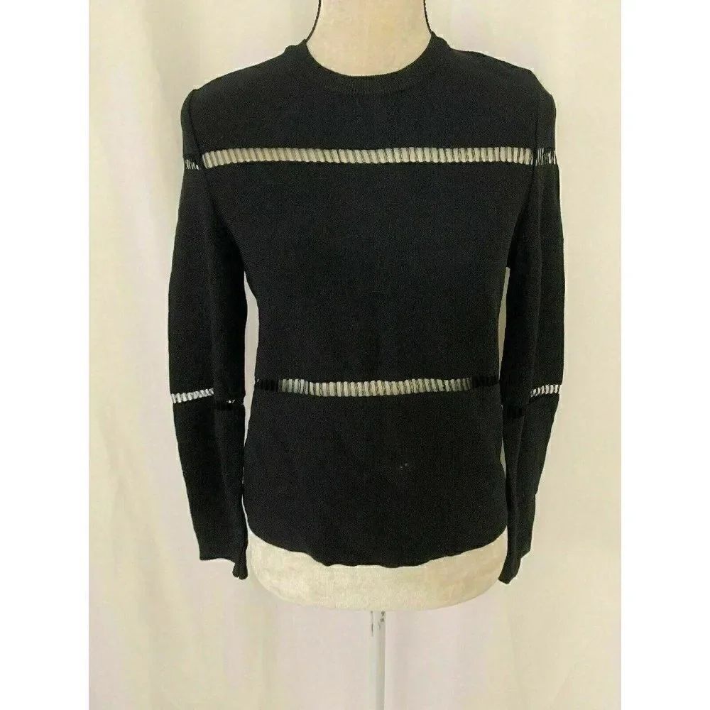 Zara Womens Solid Black Long Sleeve Mesh Crew Neck Sweater Top Xs